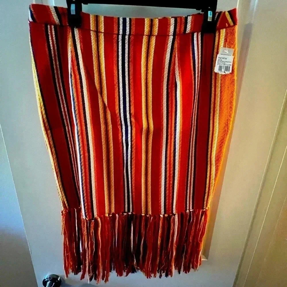 NWT-TARTAN vibrant multicolor orange striped pencil skirt w long fringe